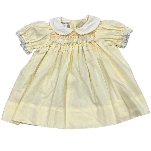Polly Flinders Vintage Baby Dress Yellow White Lace Trim & Smocking 6-12 Months - Picture 1 of 8